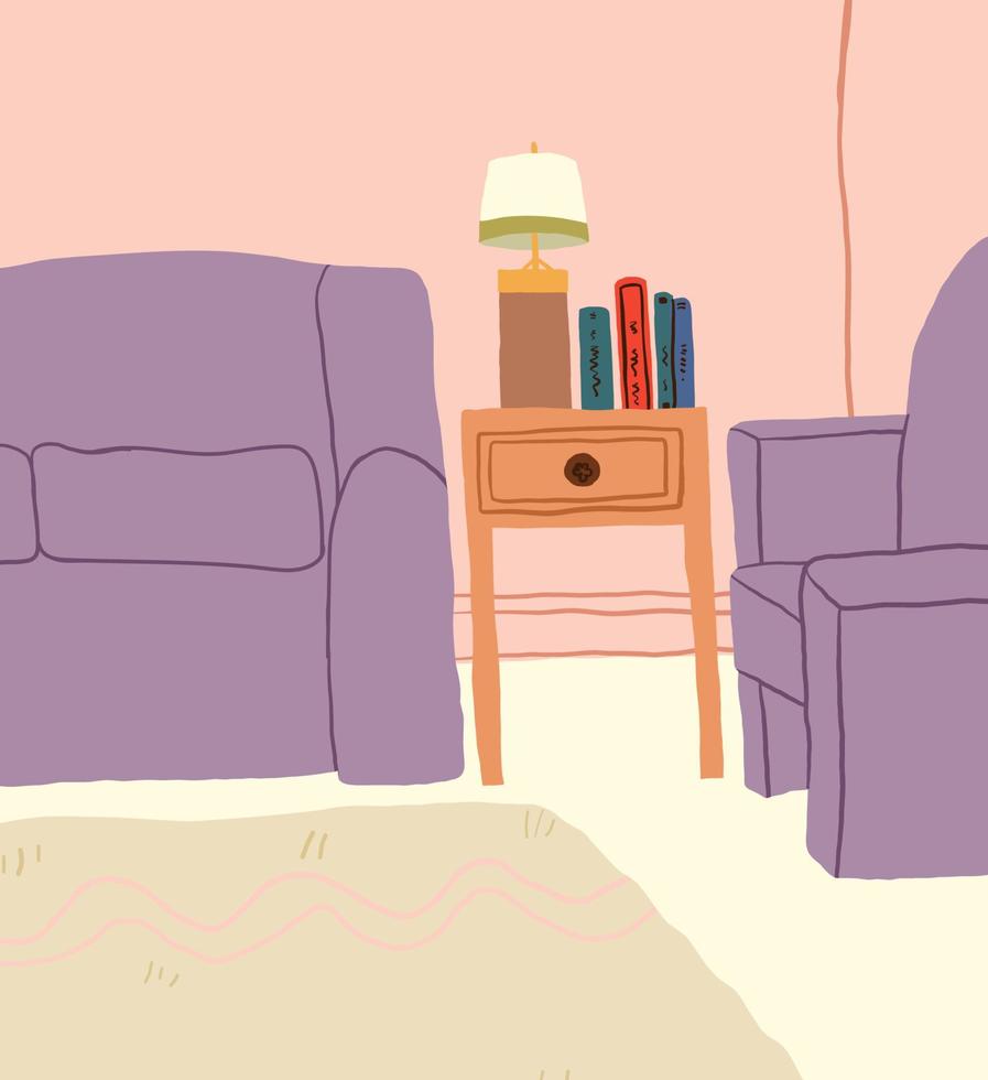 Home interior scene. Cozy living room interior in cartoon vector style. Couches, coffee table with books and lamp. Vector illustration