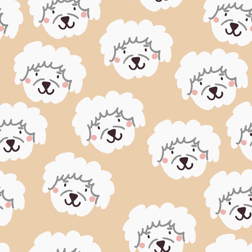 Vector seamless pattern with bichon dogs faces on light beige background. Vector illustration