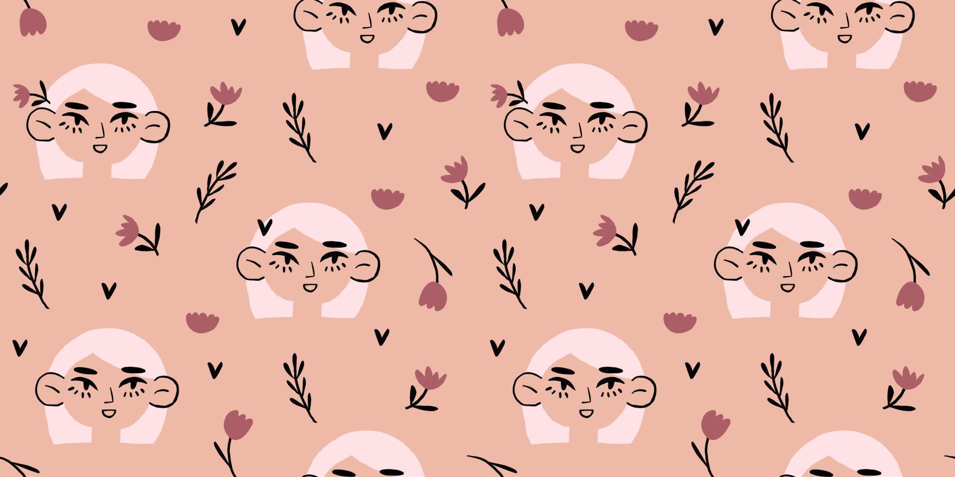Vector seamless pattern with romantic girls portraits with simple minimalistic flowers and hearts on beige background. Valentines day pattern. Vector illustration