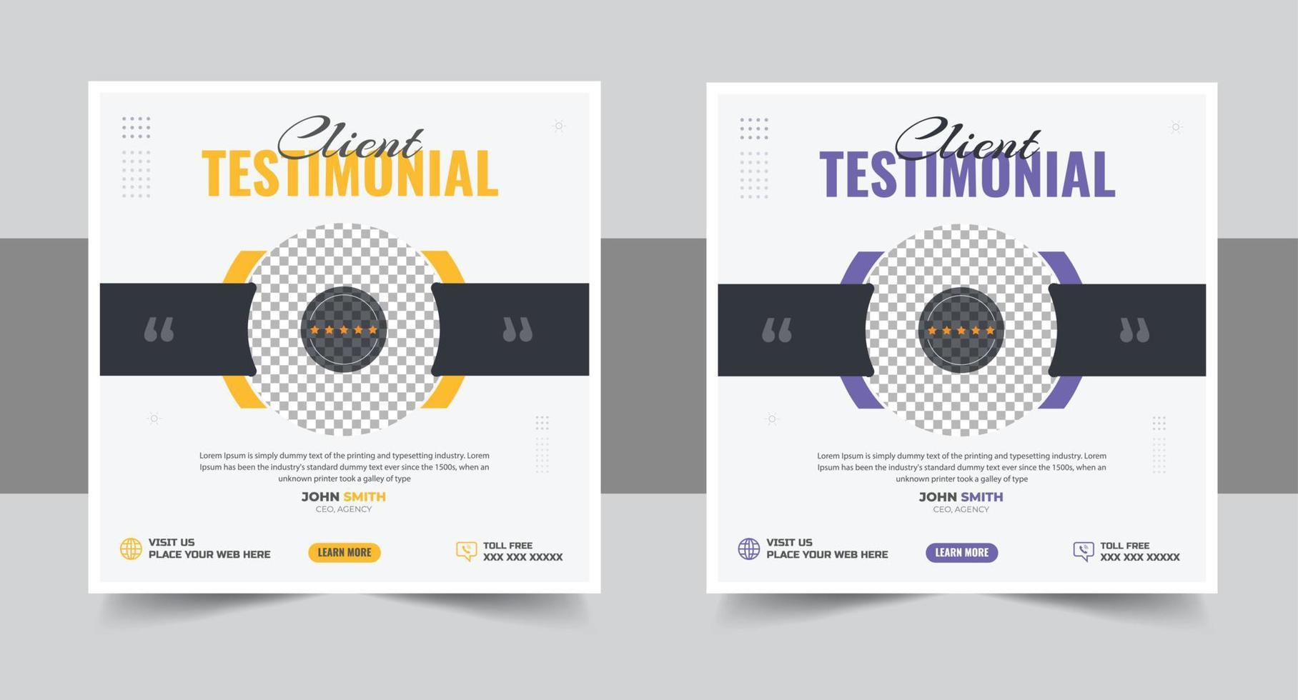 Client testimonial and feedback review template bundle with dark and yellow colors. Customer satisfaction and work review poster set vector for marketing