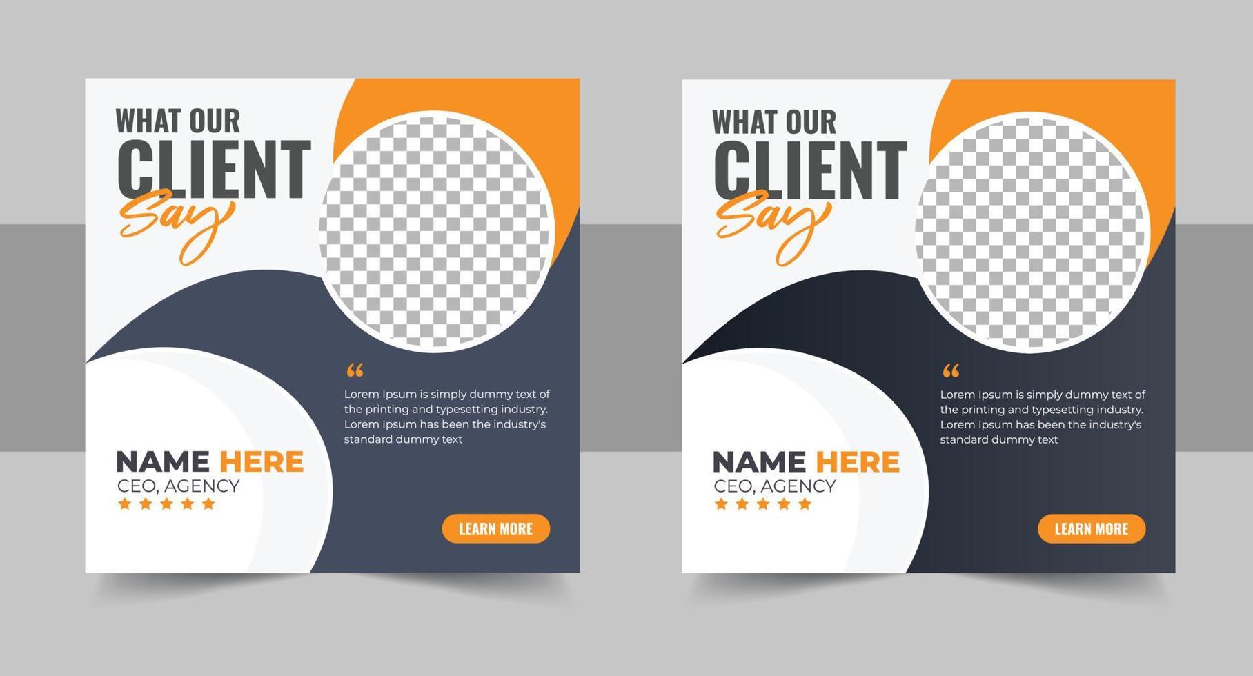 Client testimonial and feedback review template bundle with dark and yellow colors. Customer satisfaction and work review poster set vector for marketing. Business promotion website layout collection