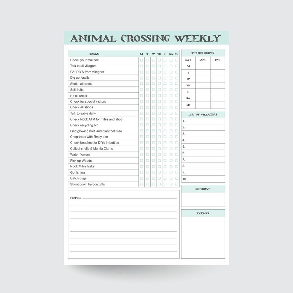Animal Crossing New Horizons Weekly Checklist,To Dos,Animal Crossing Daily Tasks - ACNH,Animal Crossing Checklist,anch printable,anch checklist,anch weekly vector
