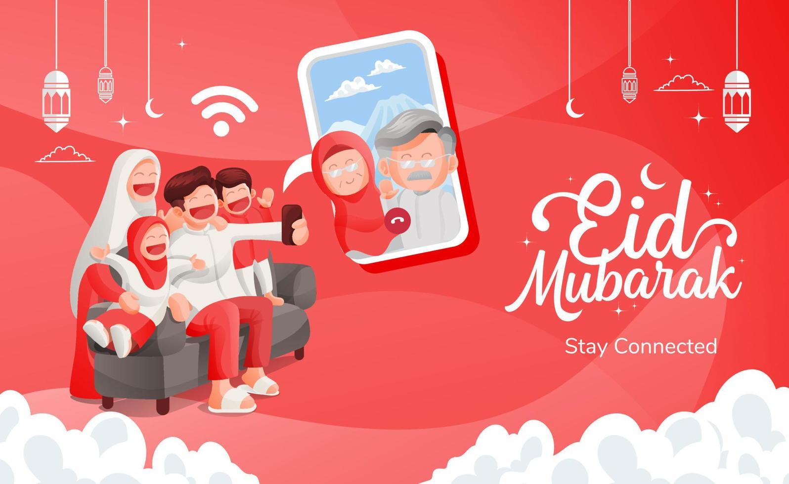Eid Mubarak Muslim Family Video Call With Their Elders in Happiness vector