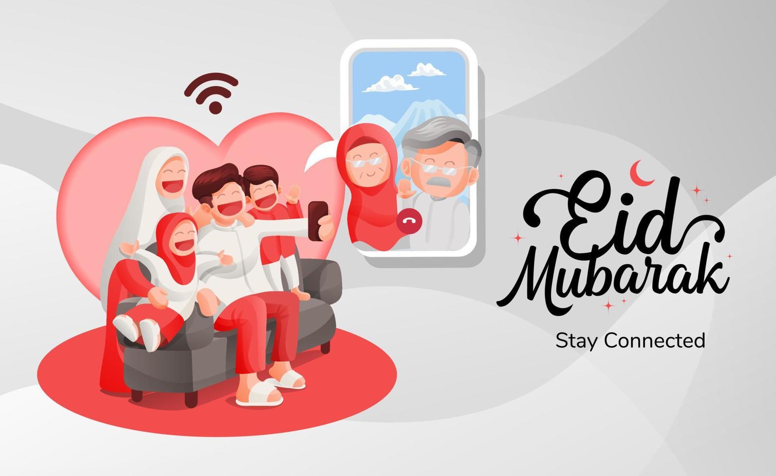 Eid Mubarak Muslim Family Video Call With Their Elders in Happiness vector
