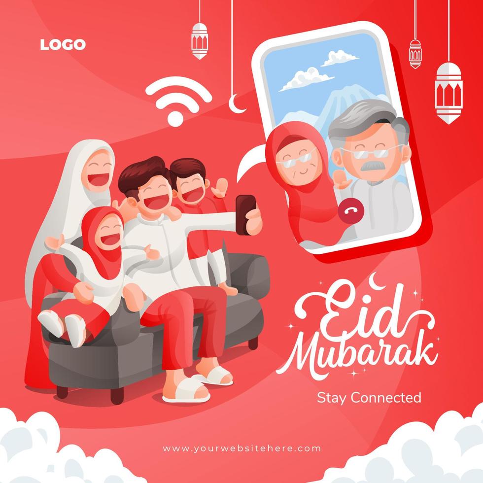 Eid Mubarak Muslim Family Video Call With Their Elders Social Media Banner Template vector