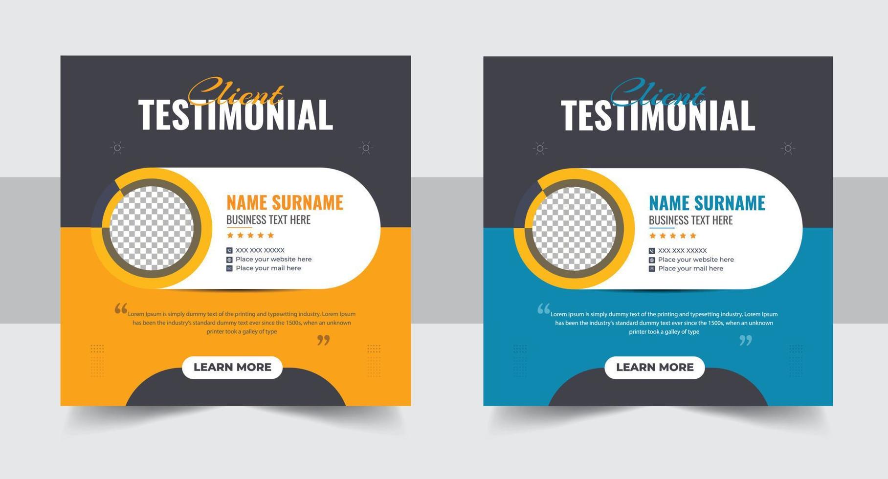 Client testimonial and feedback review template bundle with dark and yellow colors. Customer satisfaction and work review poster set vector for marketing. Business promotion website layout