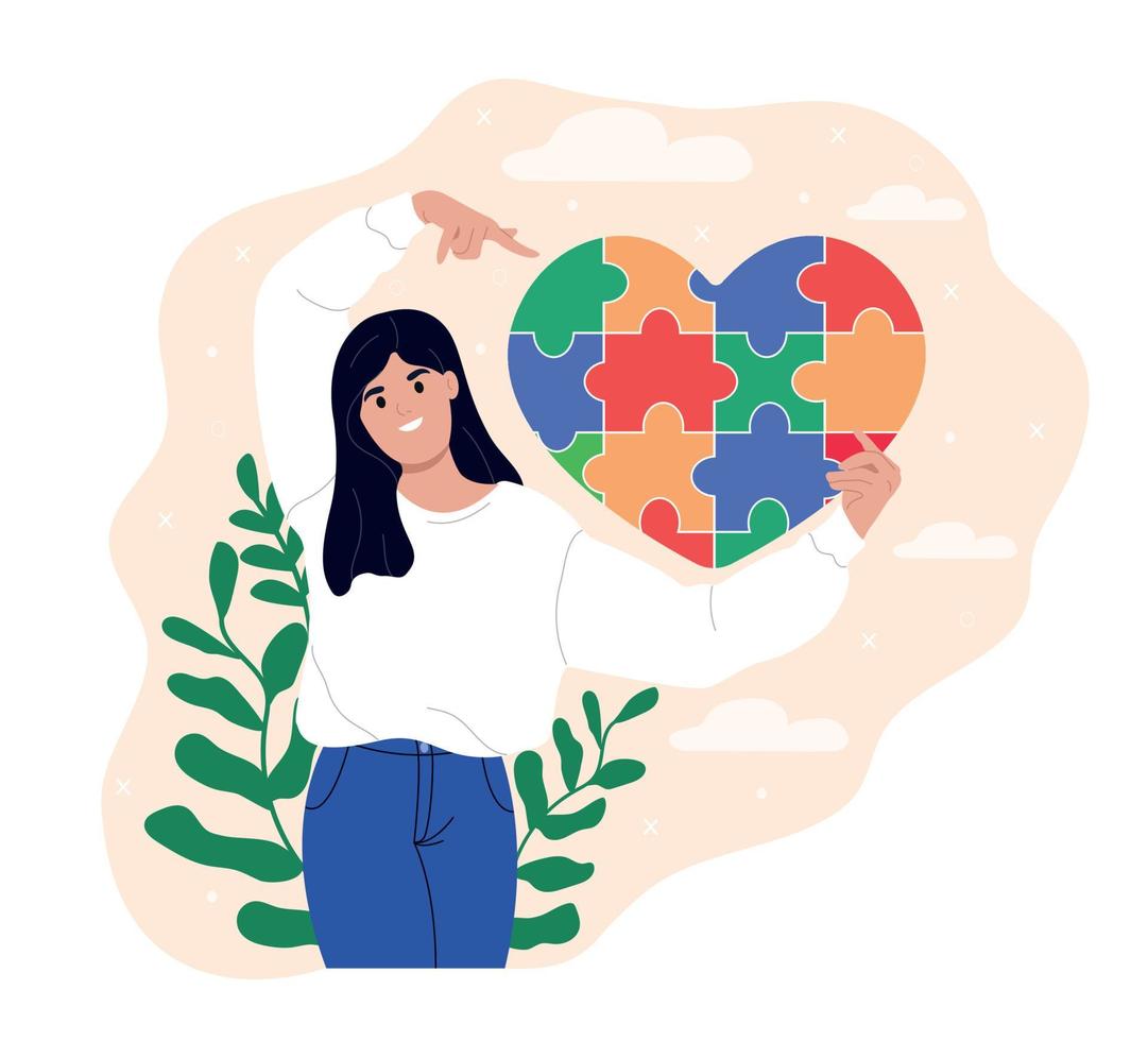 A girl and a symbol of autism. World Autism Awareness Day. Autism Awareness Month. Support and care for autistic patients. vector