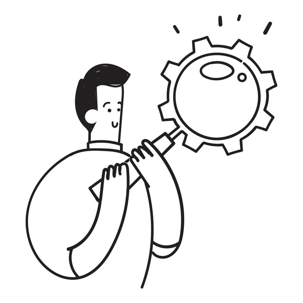 hand drawn doodle person holding magnifying glass with gear cog illustration vector