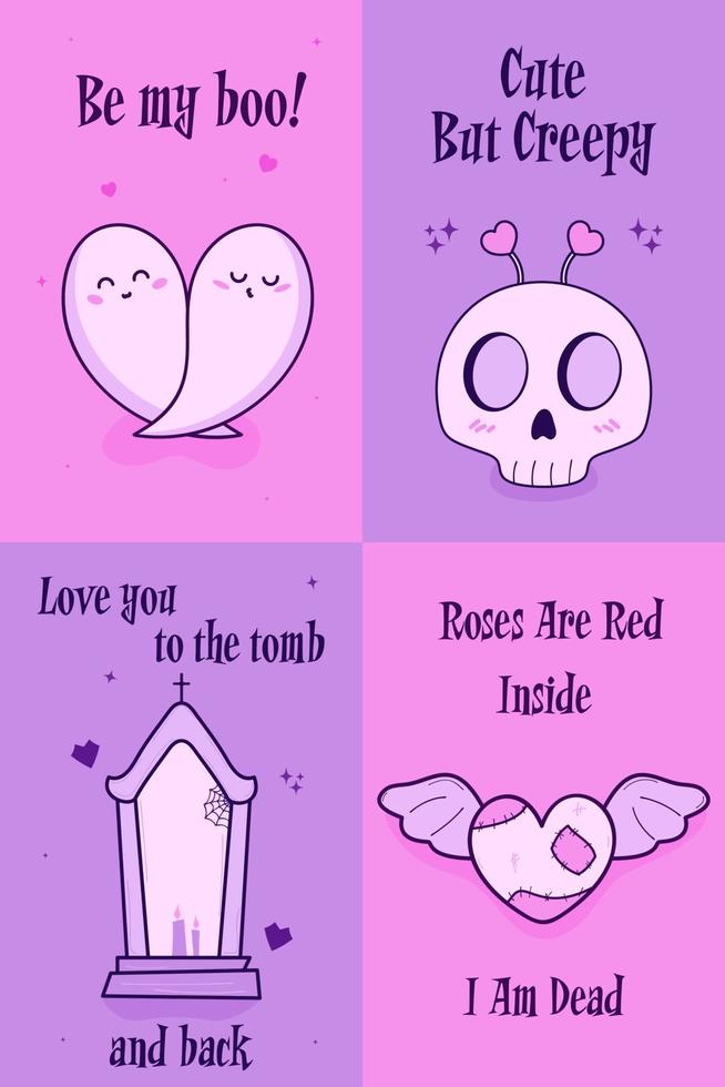 Set of alternative Valentine cards and posters. Creepy clipart. Spooky love. Kawaii pastel goth style. Dead inside. Ragged heart with seam. Be my boo. Ghost couple hugging love. vector