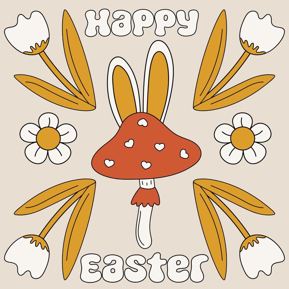 Trippy retro greeting card. Happy Easter. Fly agaric mushroom with flowers. Weird fungus with rabbit ears. Positive composition in cartoon style. Hippie aesthetic. vector