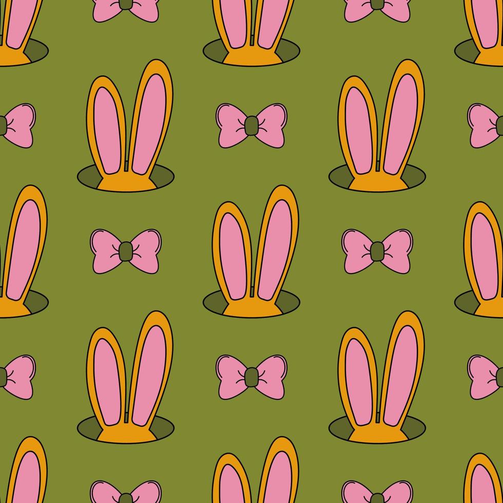 Easter seamless pattern. Rabbit ears popped out of a hole. Cute bow tie. Retro cartoon style. Trippy hippie aesthetic. vector