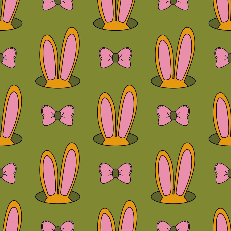 Easter seamless pattern. Rabbit ears popped out of a hole. Cute bow tie. Retro cartoon style. Trippy hippie aesthetic. vector