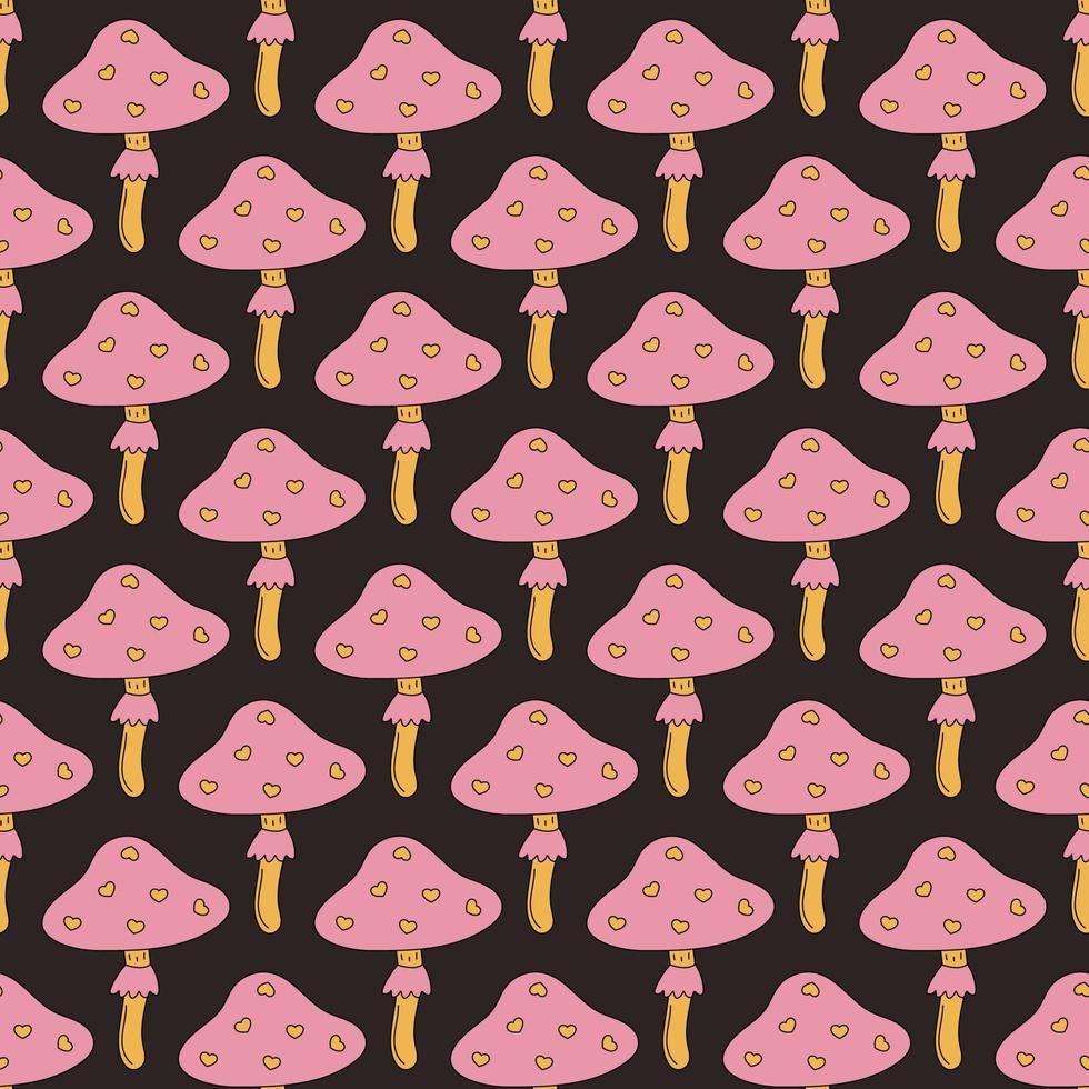 Cute pink mushrooms. Seamless pattern. Fungus with hearts. Retro cartoon style. Hippie design. Dark background. vector