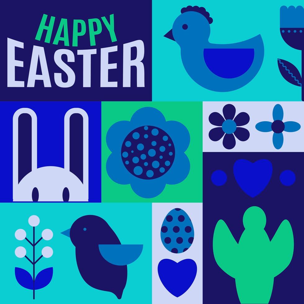 contento Pascua de Resurrección. patrones. moderno geométrico resumen estilo. Pascua de Resurrección huevos, conejo., flores, aves. vector