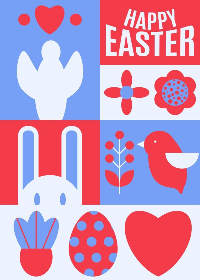 Happy Easter. Patterns. Modern geometric abstract style. Easter eggs, rabbit., flowers, bird, angel. vector
