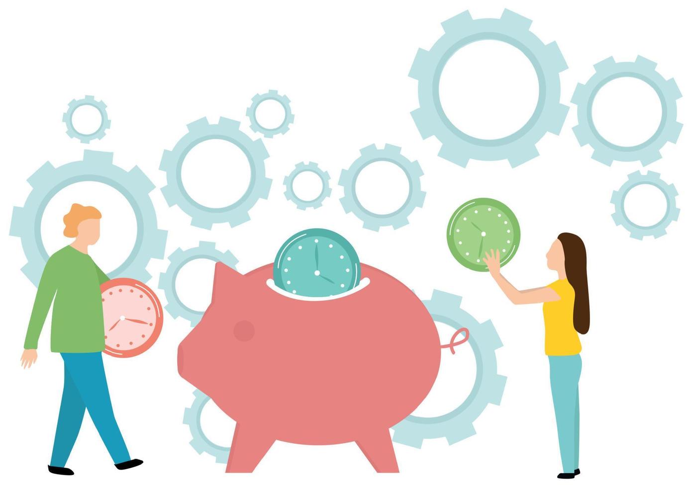 Vector illustration, alarm clock rings on white background, concept of work time management. Time piggy bank