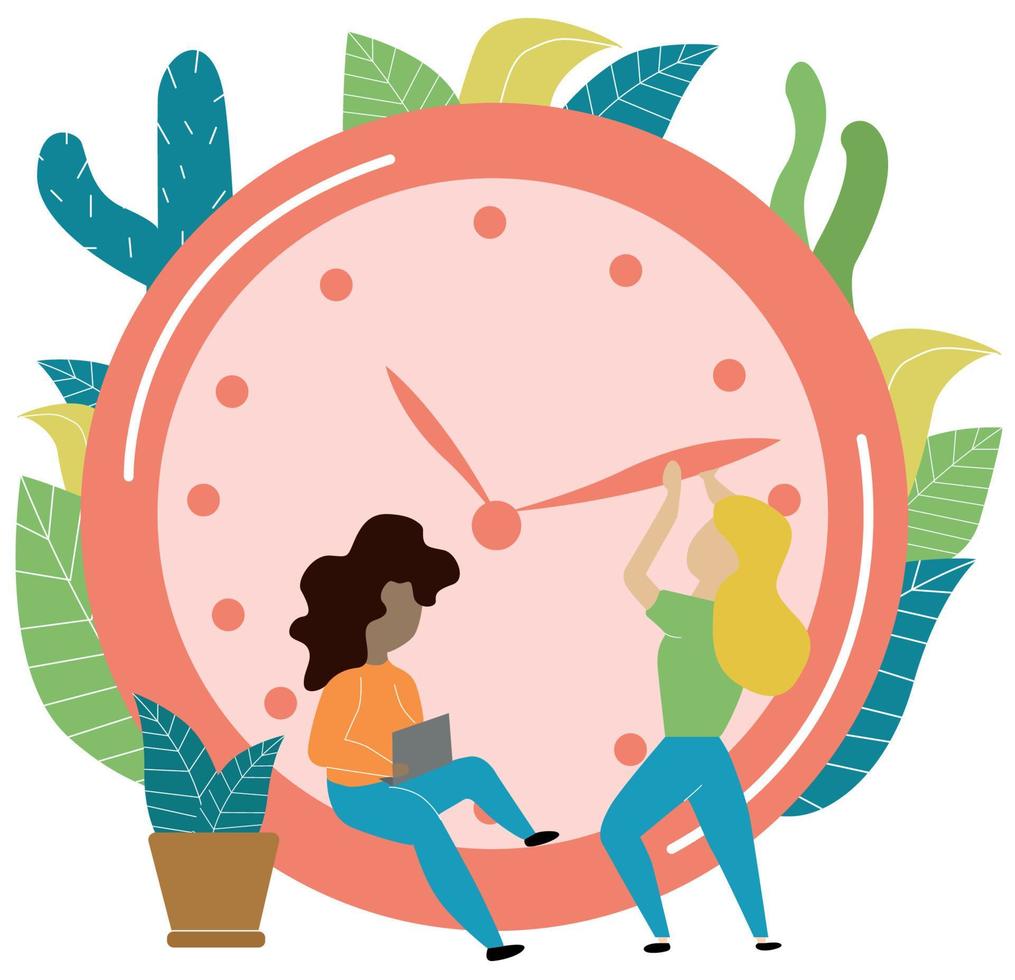 Vector illustration, alarm clock rings on white background, concept of work time management. One man rushes time