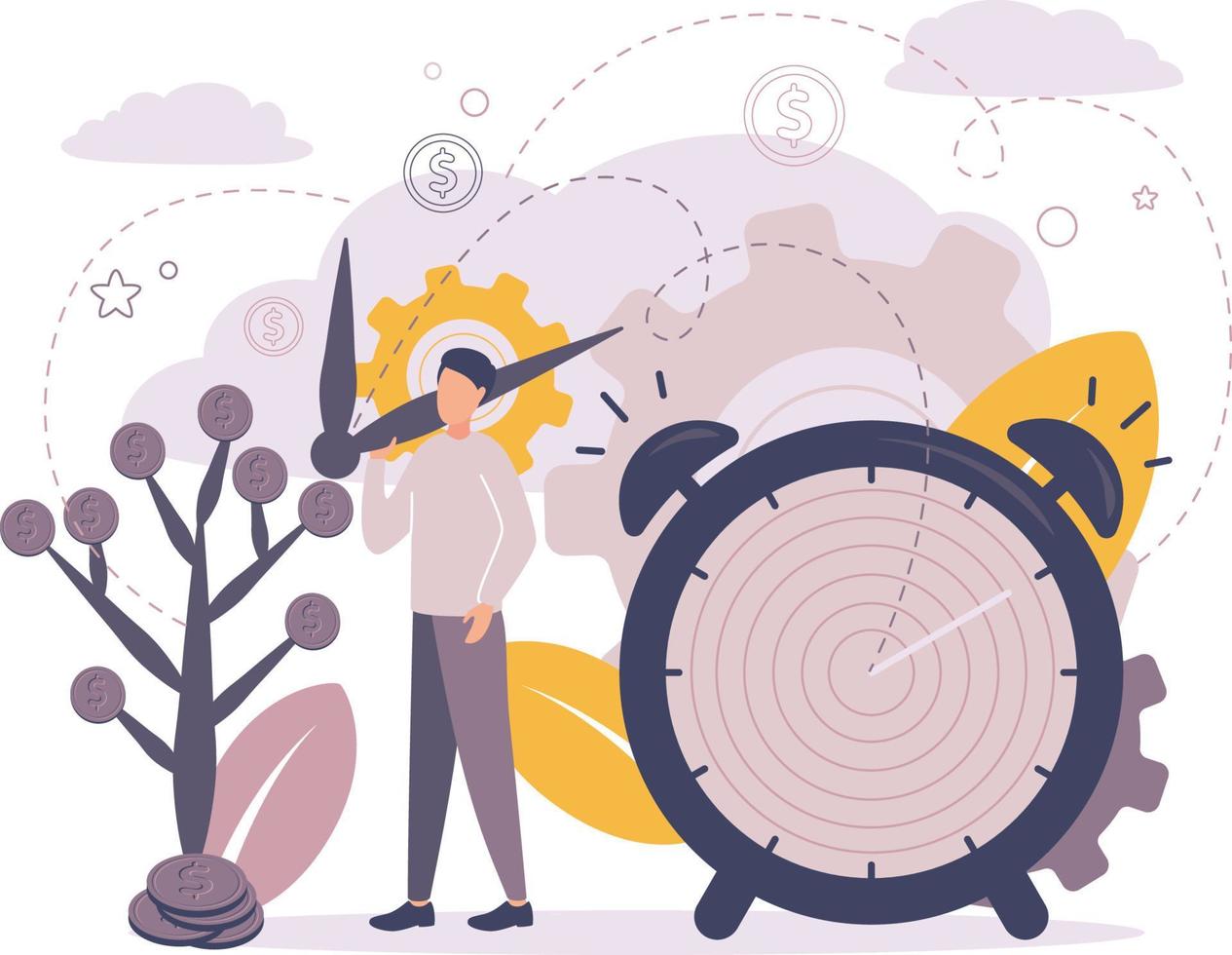 Vector illustration, alarm clock rings on white background, concept of work time management. Man stops time to make more money