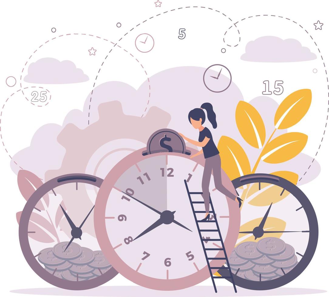 Vector illustration, alarm clock rings on white background, concept of work time management. Time is money