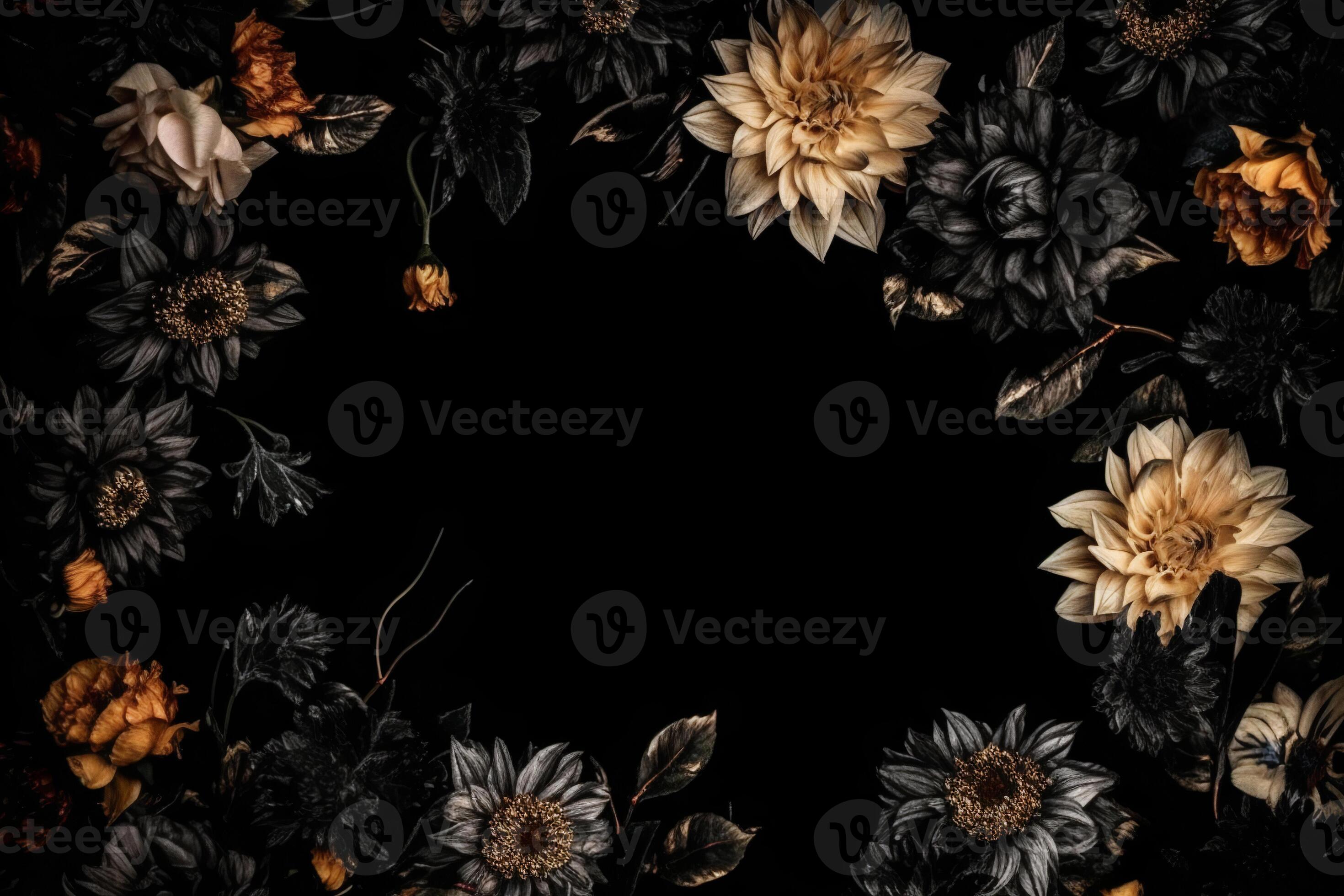 Beautiful black background with flowers and copy space. Empty