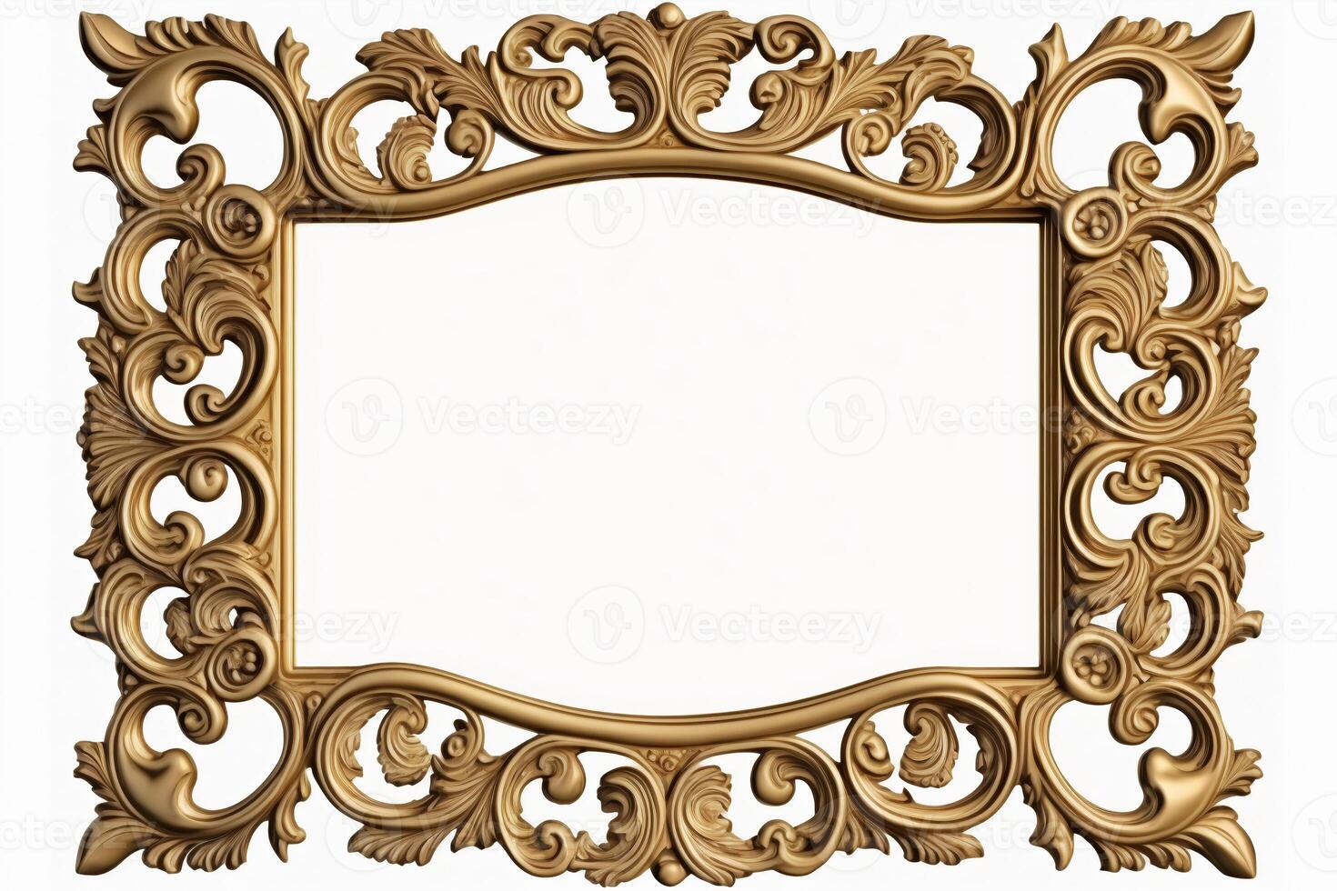 Golden, empty, horizontal picture frame on white background. Baroque style, vintage, antique. With beautiful ornaments. Frame with copy space for artwork, picture. . photo