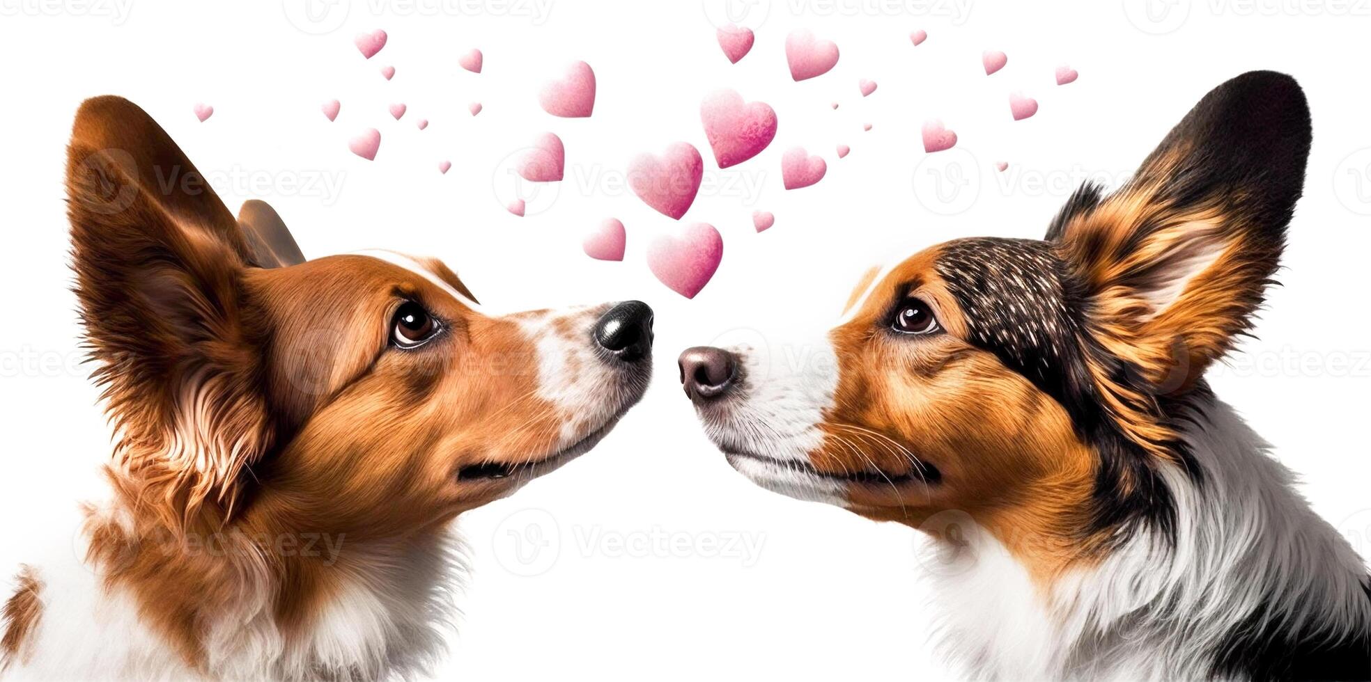 dos perros y volador corazones. San Valentín día, amor. pareja, relación. tarjeta postal, saludo tarjeta diseño. generativo ai. foto