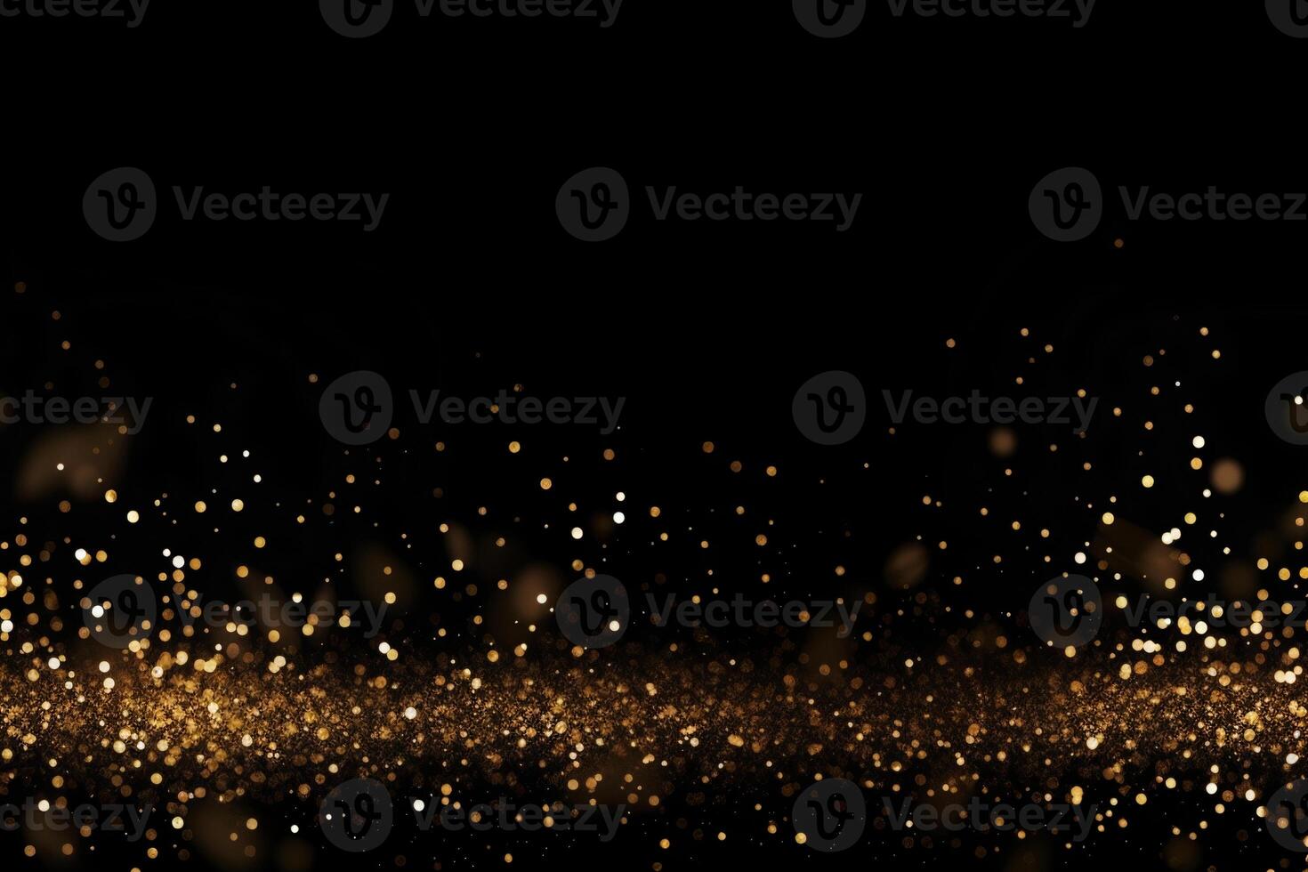 Beautiful black abstract background with sparkles and copy space. Backdrop with golden glitter, sequins. Celebration, festive, event. Bokeh effect. Trendy design. . photo