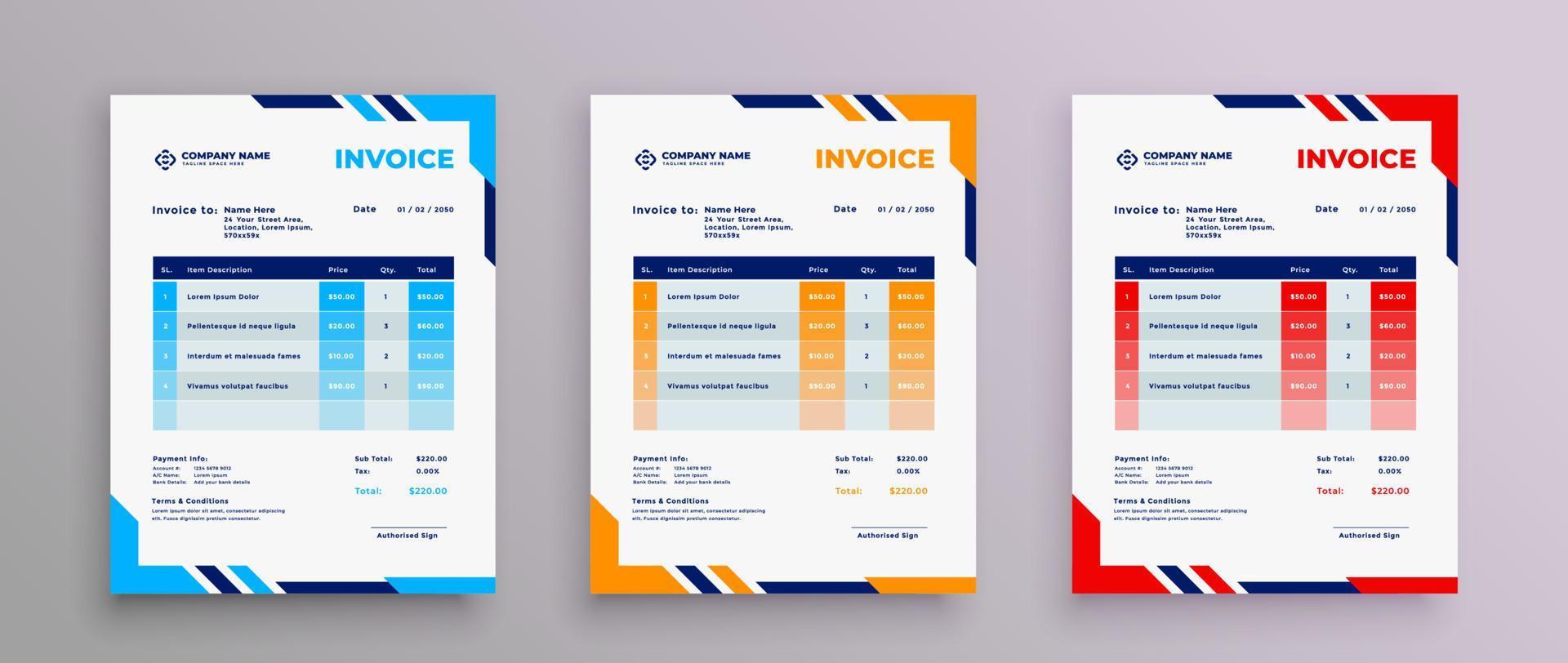 Creative corporate modern letterhead and invoice design template set with blue, Orange, and Rad colors. vector