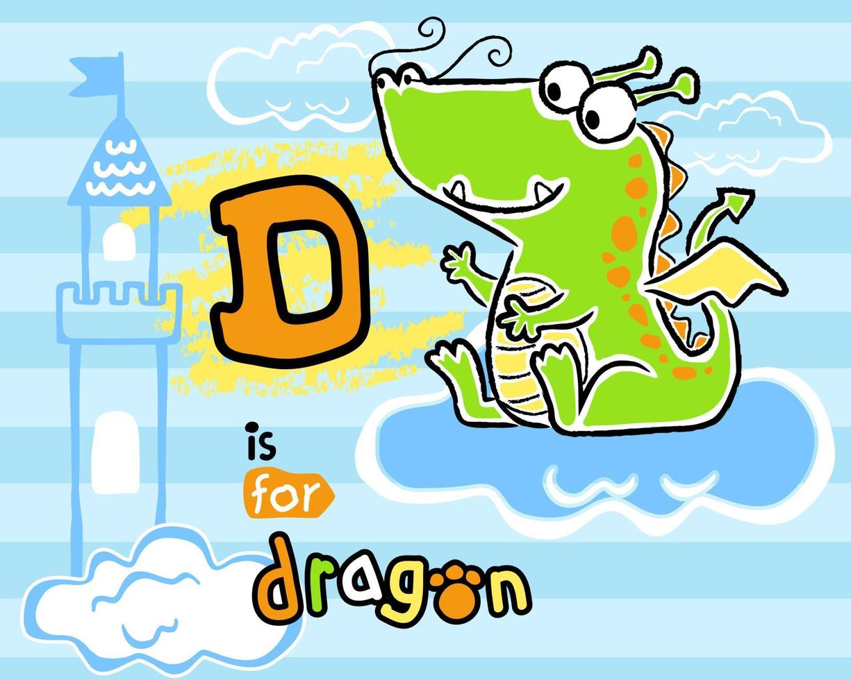 Vector illustration of hand drawn dragon cartoon sitting on cloud, castle tower on clouds