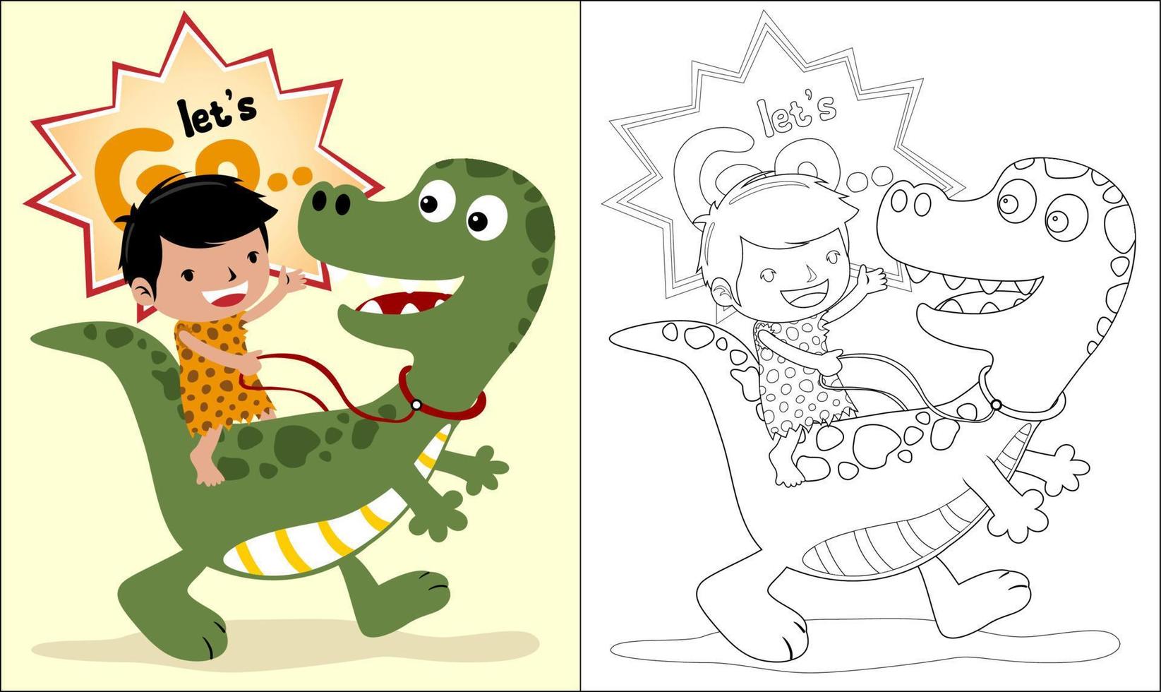 Vector illustration of little caveman cartoon ride on dinosaur, coloring book or page