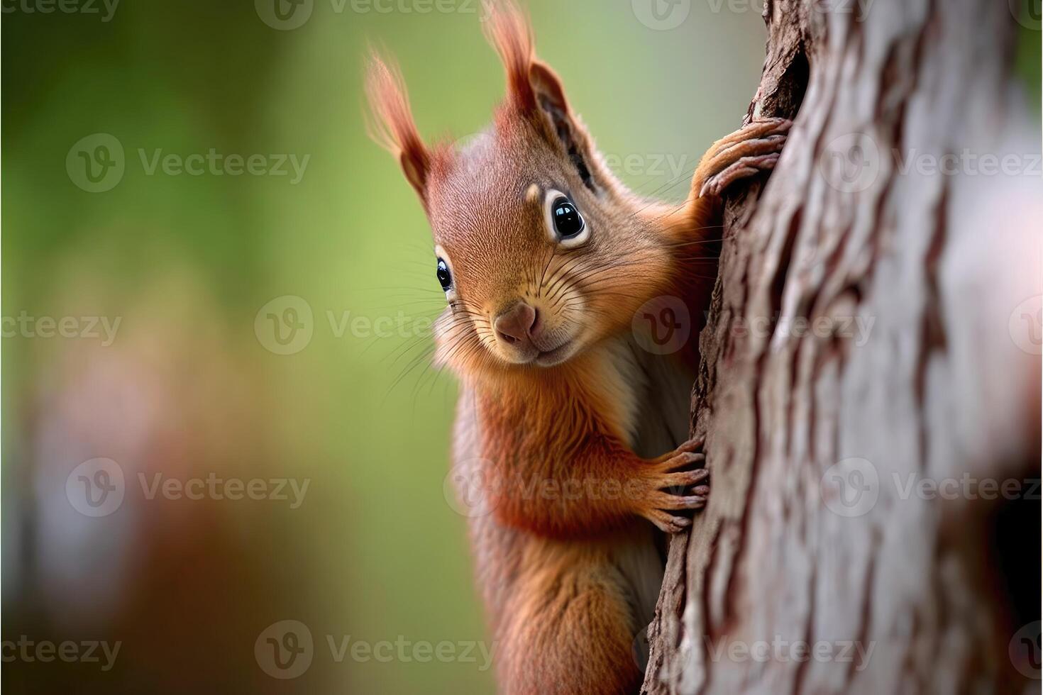 Cute squirrel climbing a tree. photo