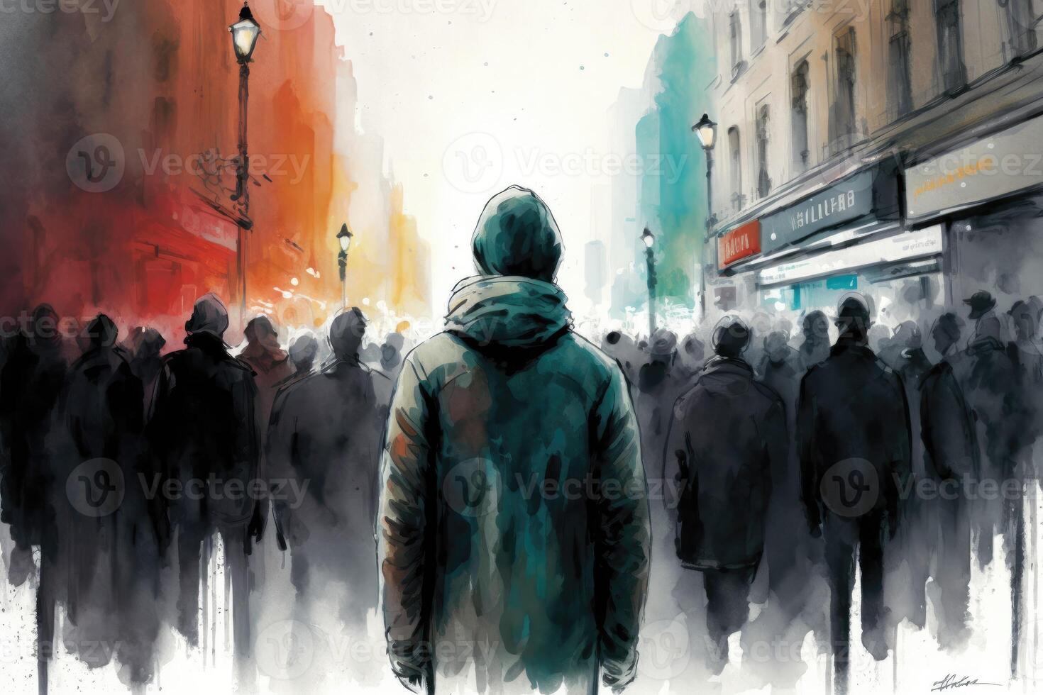 Social alienation watercolor painting. A person stands alone on a