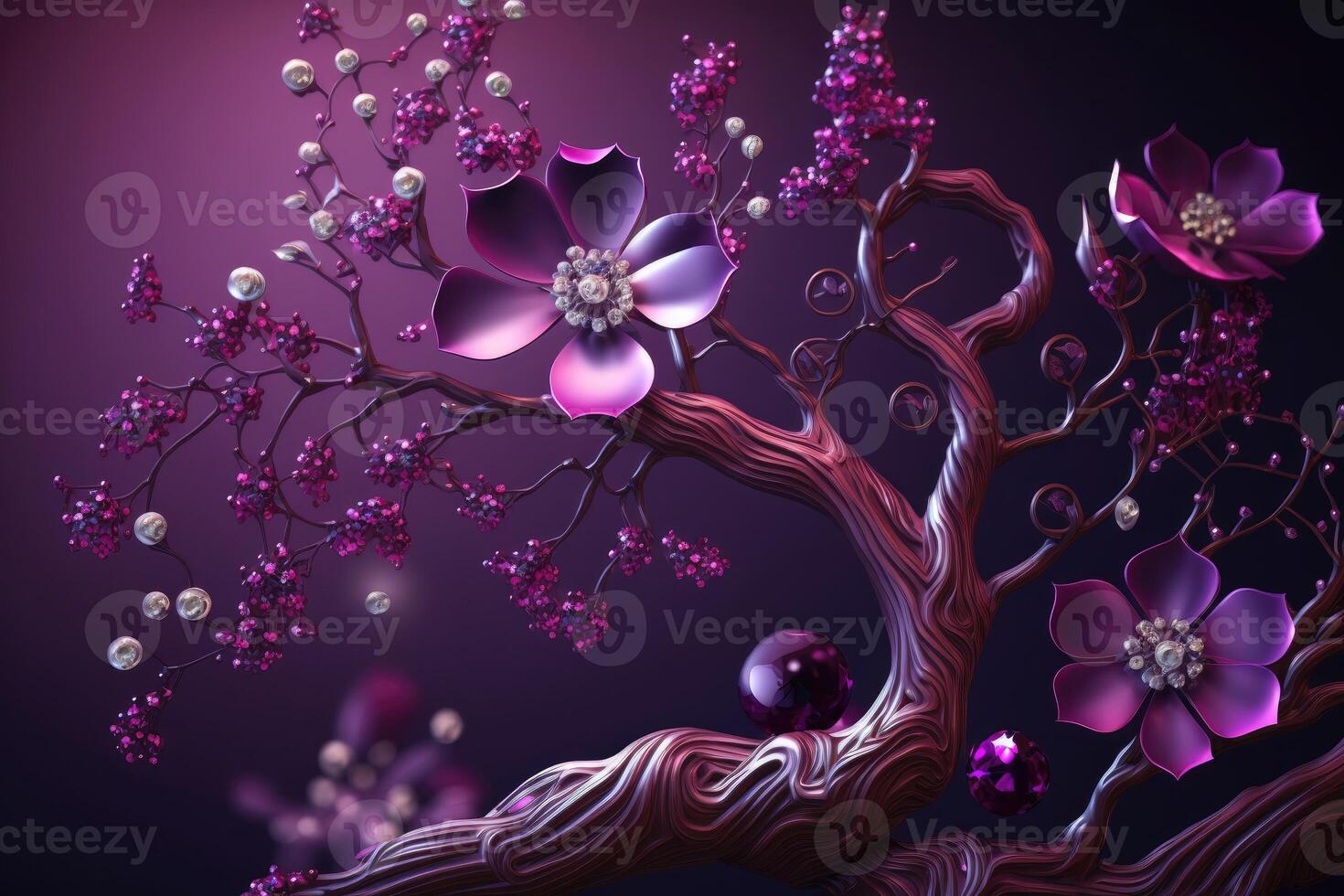 3D wallpaper pink purple jewelry on flowers and tree background. photo