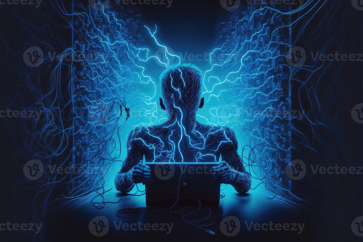 Ai generated person plugging into the matrix cyber technology blue
