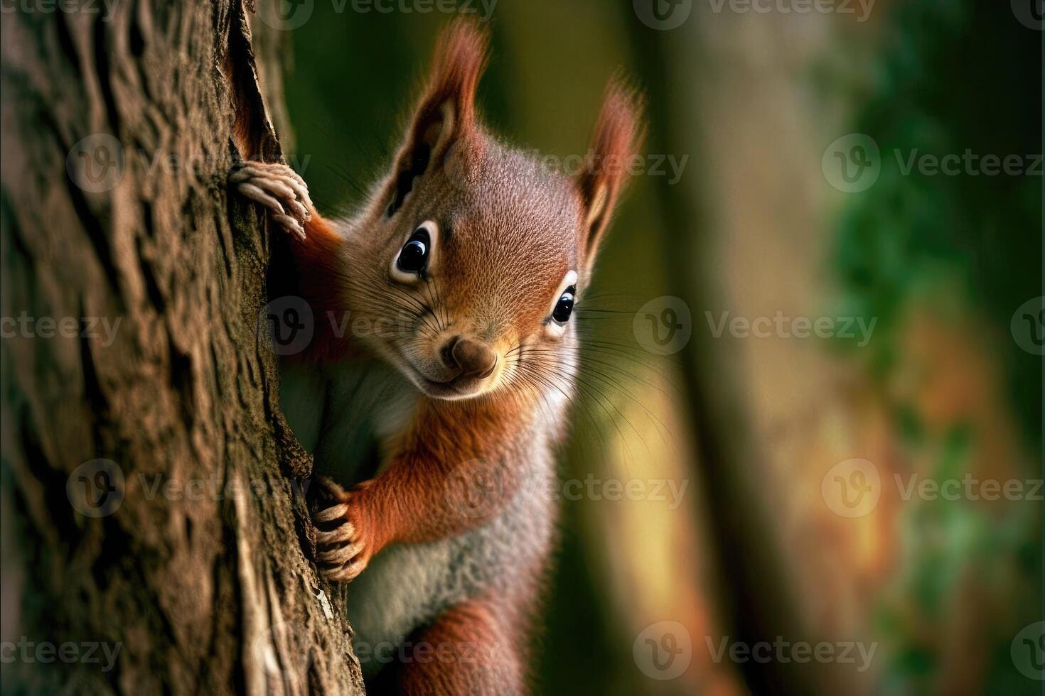 Cute squirrel climbing a tree. photo