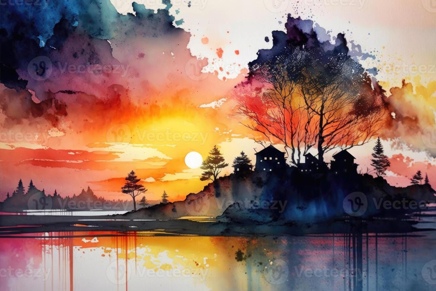 Synthetic scenery landscape watercolor painting. Riverside scenery at sunset. photo