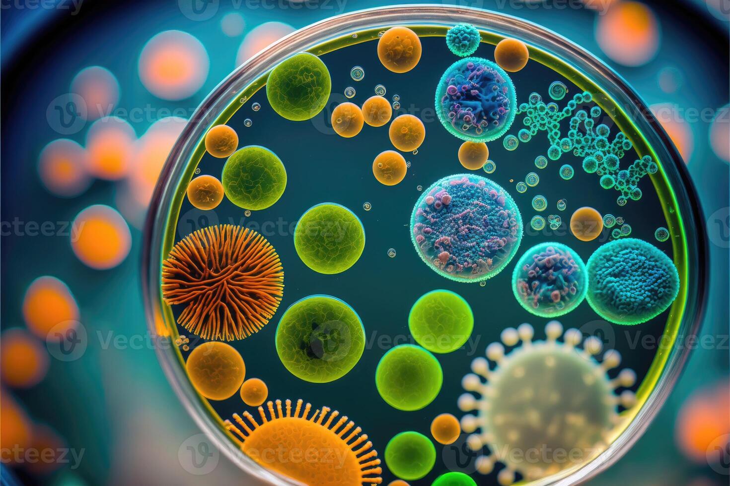 Macro close up shot of bacteria and virus cells in a scientific laboratory petri dish. photo