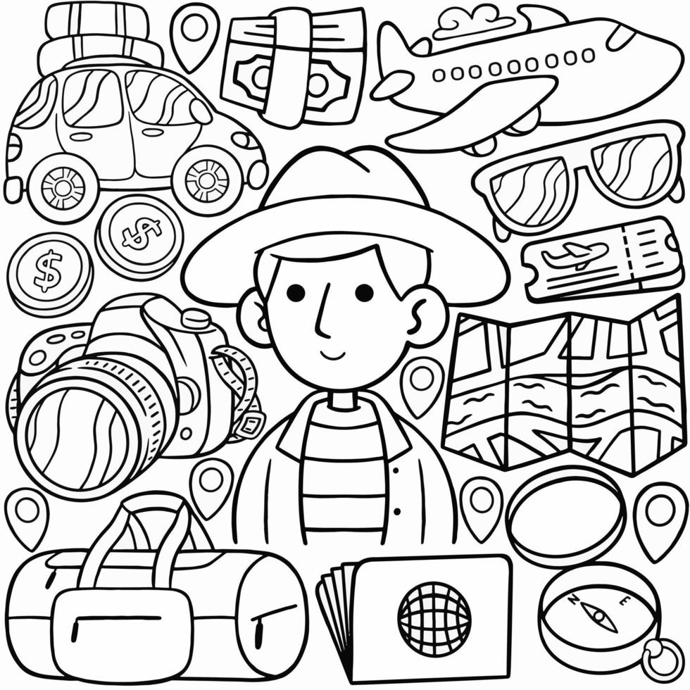 Traveller Kawaii Doodle Line Art Vector Illustration