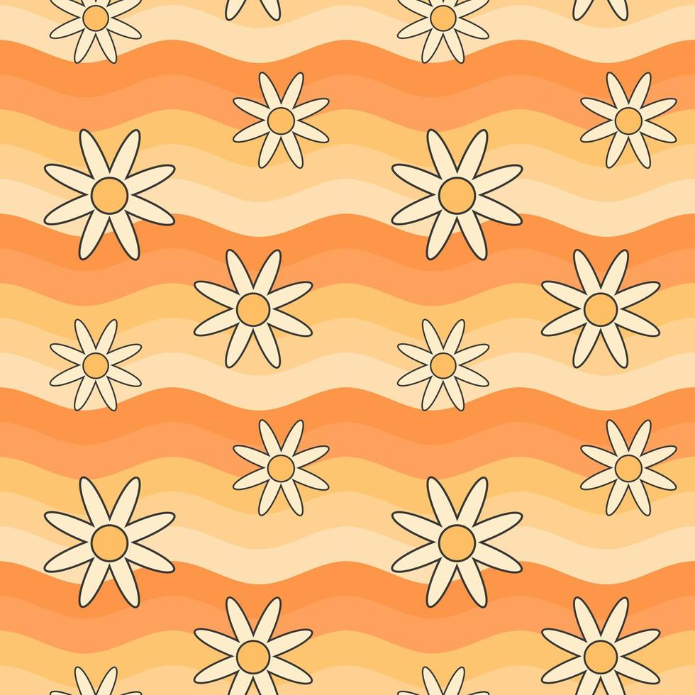 Retro groovy hippie seamless pattern. Seamless abstract geometric pattern with flowers. Floral daisy background. vector