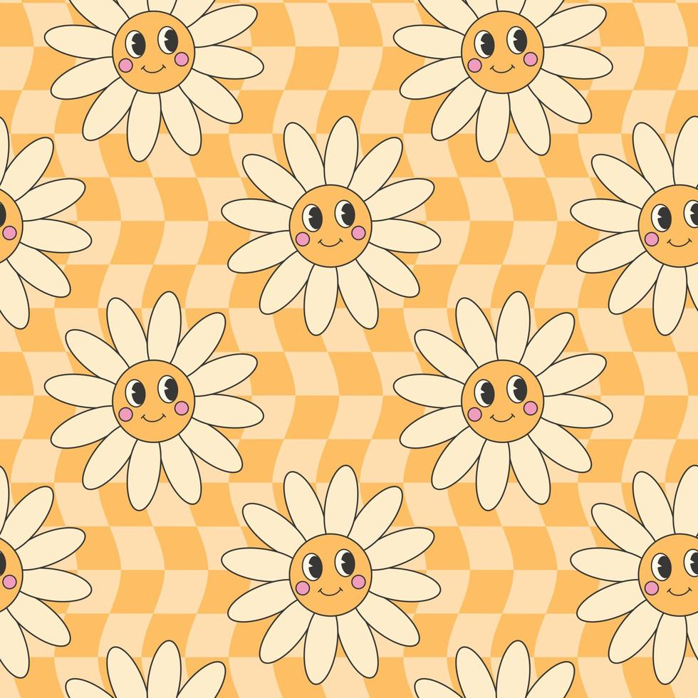Retro groovy hippie seamless pattern. Seamless abstract geometric pattern. Floral background with cute daisy character. vector
