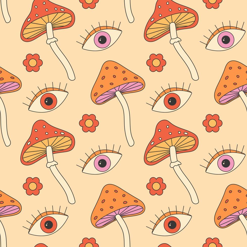 Retro groovy hippie seamless pattern. Seamless abstract pattern. Daisy, flower, mushroom, eye vector