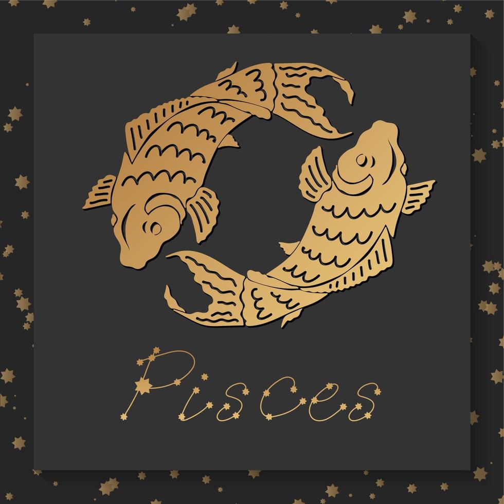 Gold zodiac Pisces horoscope sign on dark square background vector