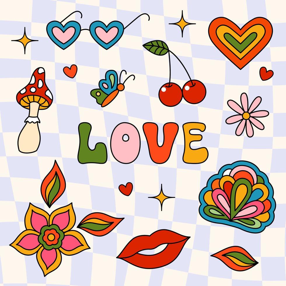 Vector cartoon stickers set in 70s style. Isolated retro icons on groovy checkered background. Love, red lips, flower, mushroom, and hearts