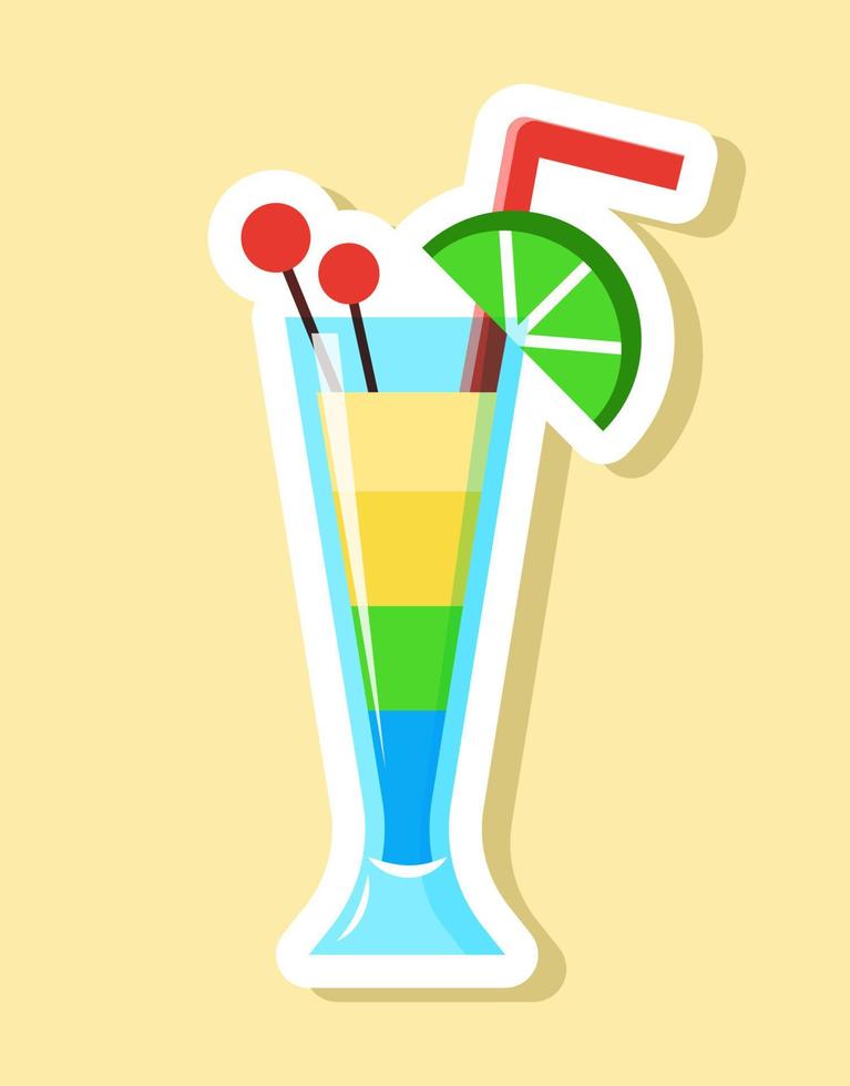 Vector cocktail sticker in cartoon style. Isolated multicolored drink in glass with lime and berries