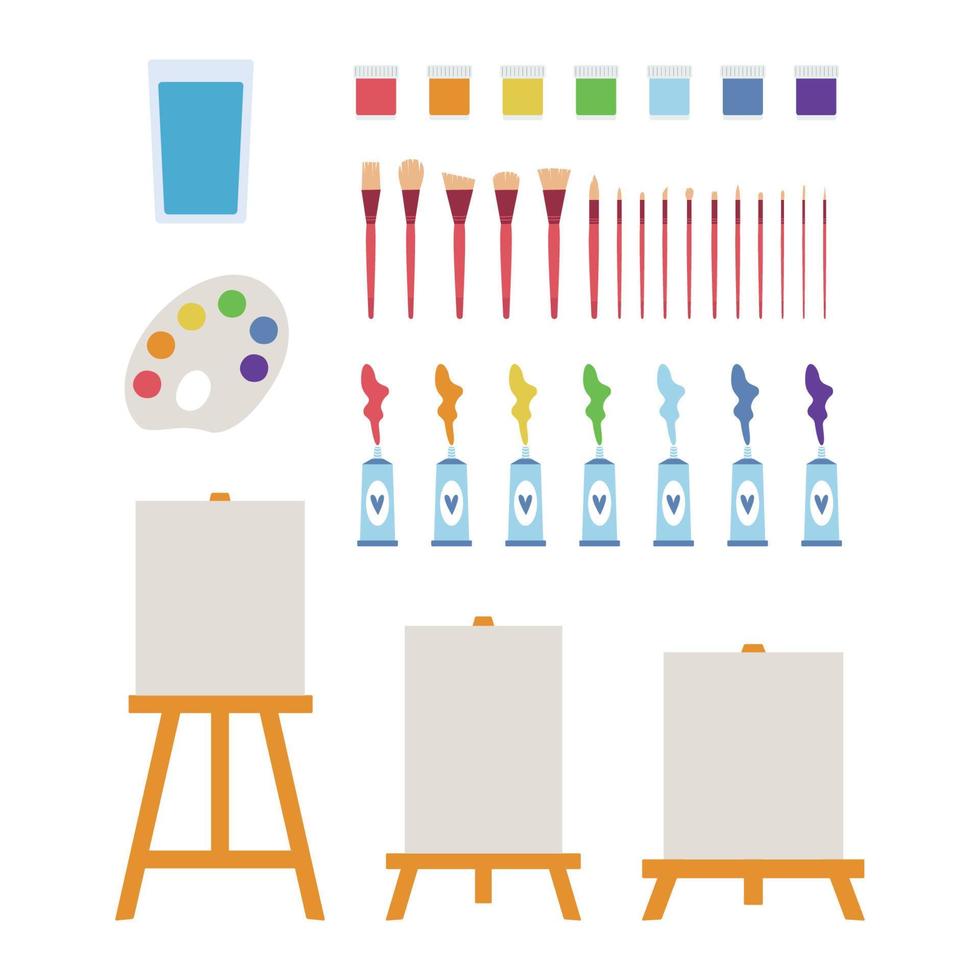 Flat vector painting tools in childish style. Hand drawn art supplies, paint brush, palm, gouache, acrylic, easel, palette