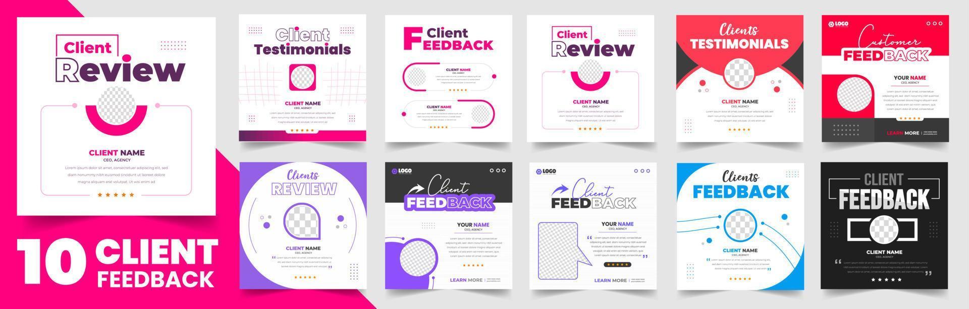 client feedback social media post banner set. Customer feedback testimonial social media post web banner template bundle. client testimonials social media post banner design template. vector