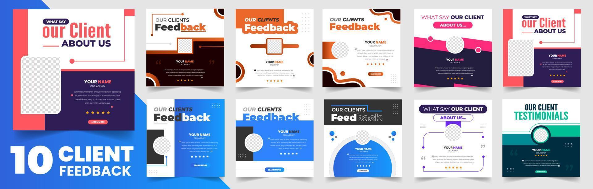 client feedback social media post banner set. Customer feedback testimonial social media post web banner template bundle. client testimonials social media post banner design template. vector