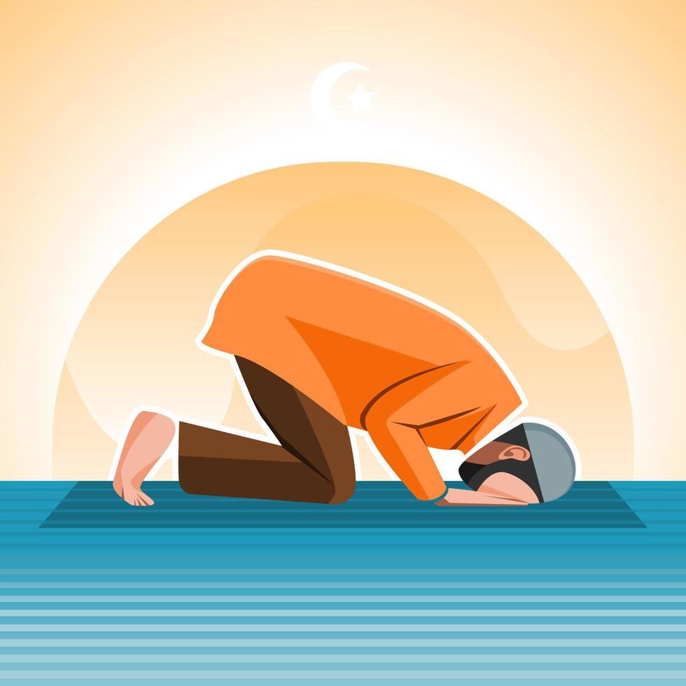 A Muslim is sholat praying or prostrating in the mosque flat illustration vector