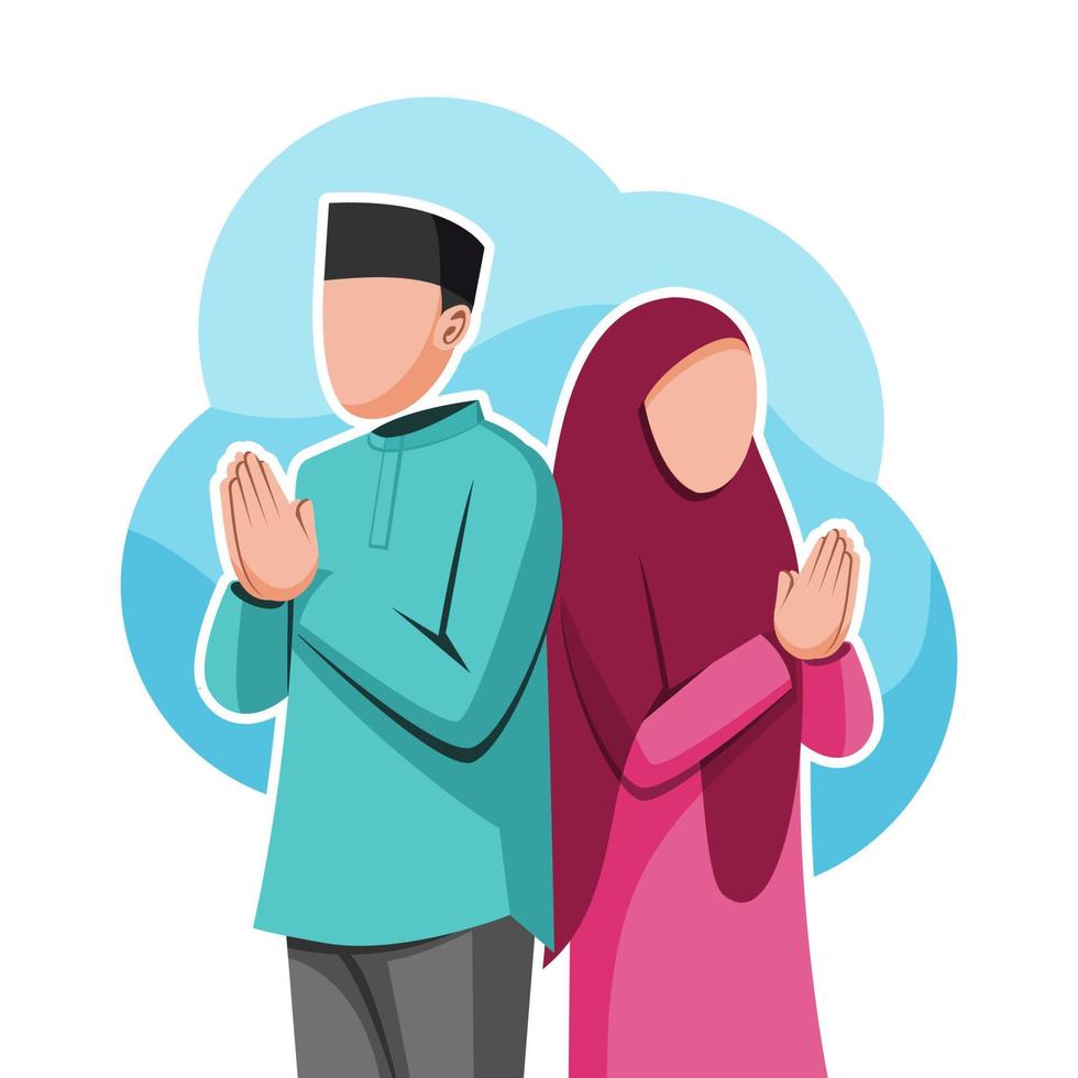 Muslim couple wishing happy eid mubarak flat illustration vector