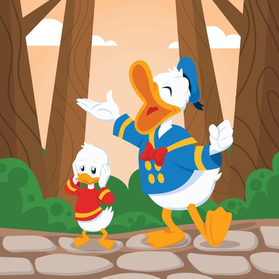 Duck Father And His Son Walking In The Wood vector